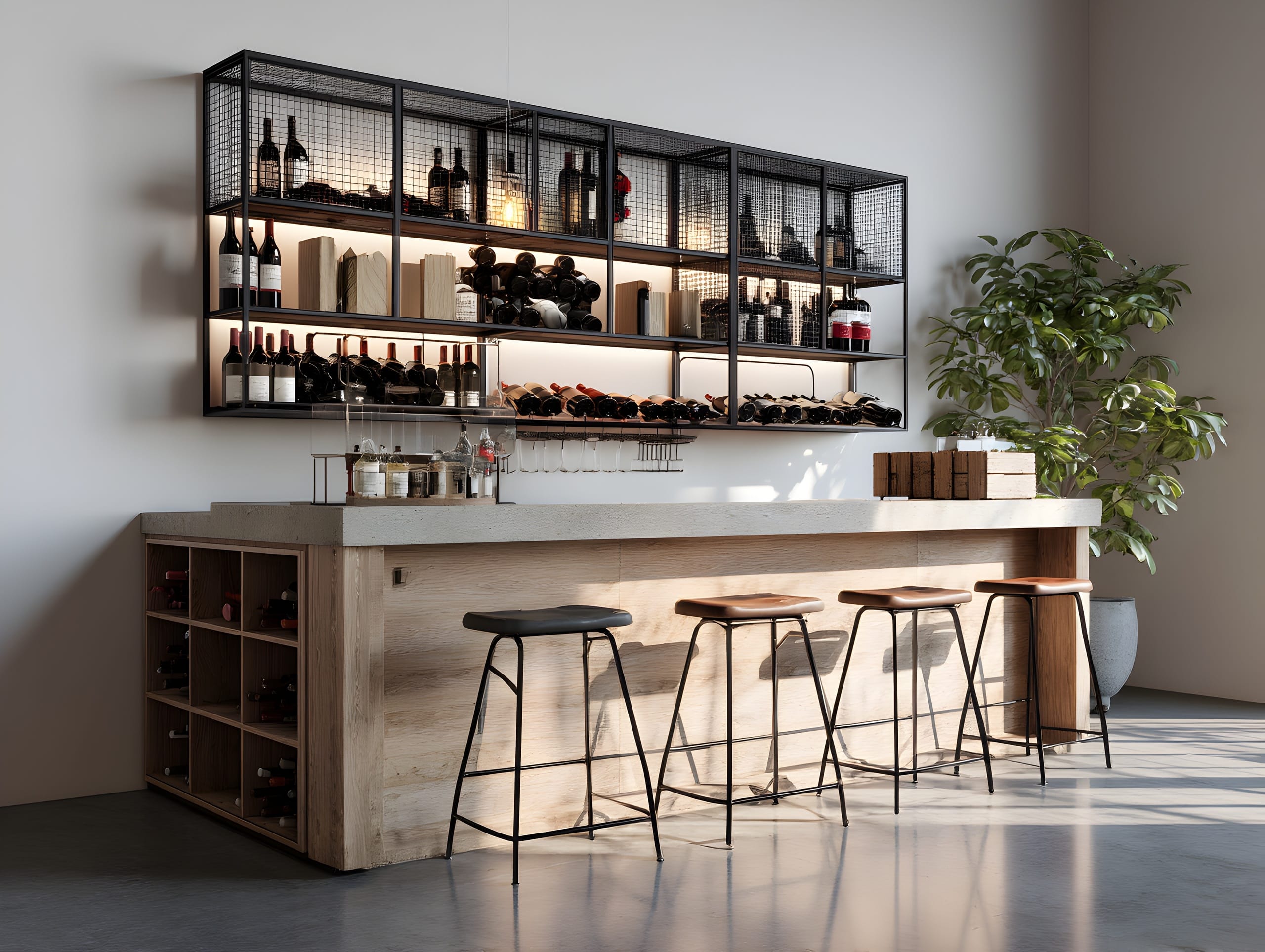 Private hauseigene Bar mit integriertem, Barhockern und einem Wandregal für Flaschen und Gläser.